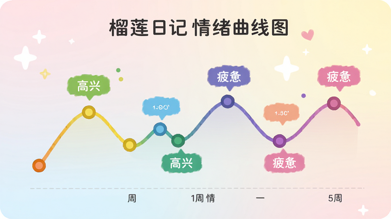 榴莲日记情绪曲线图,显示一周内不同颜色的情绪点连成波浪线,彩色标签如“高兴”“疲惫”悬浮在曲线旁,背景是淡雅渐变色,整体风格简洁明亮。