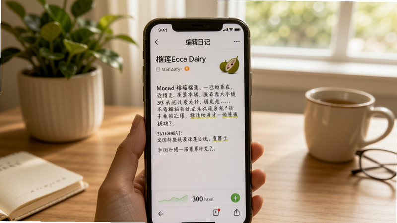 榴莲日记编辑界面,手机屏幕上显示一篇正在编辑的日记,有300字统计提示,背景是柔和的书桌和绿植,画面温暖宁静。