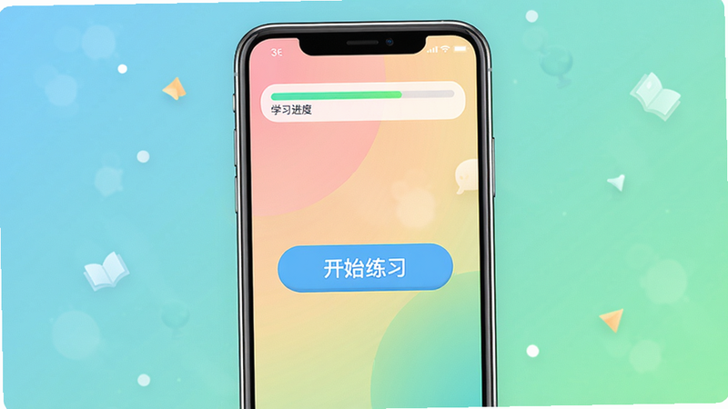 3E口语主界面展示图,手机屏幕显示软件首页,背景为渐变色,中央有‘开始练习’按钮,上方有学习进度条,整体风格清新明亮,适合教育类应用。