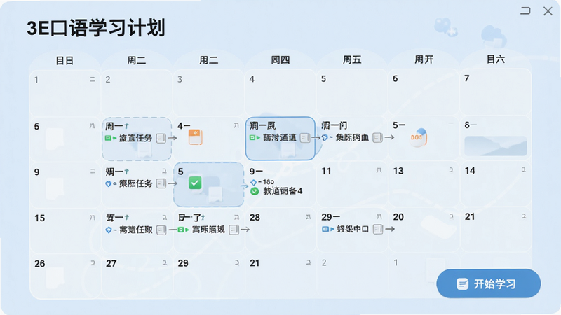 3E口语学习计划界面,日历视图上标记每日任务,右下角有‘开始学习’按钮,背景为淡蓝色,简洁清晰。