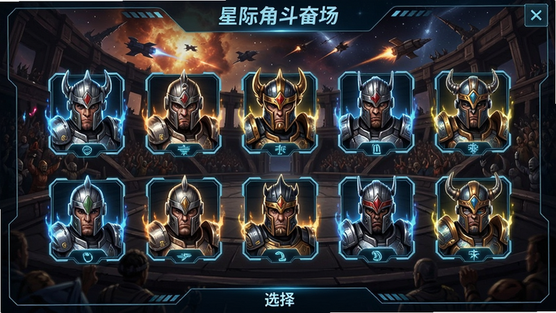 星际角斗场角色选择界面,多个角斗士头像排列,背景是星际战场,角色身上有光效,UI设计科技感