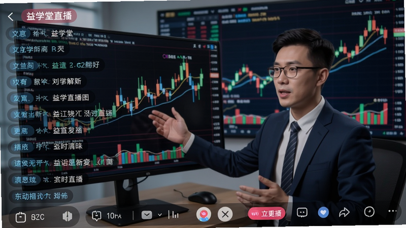 益学堂直播界面,主播教师正在讲解K线图,直播弹幕滚动,底部有互动工具栏,背景为股市行情图表,画面动态感强,突出实时解盘氛围