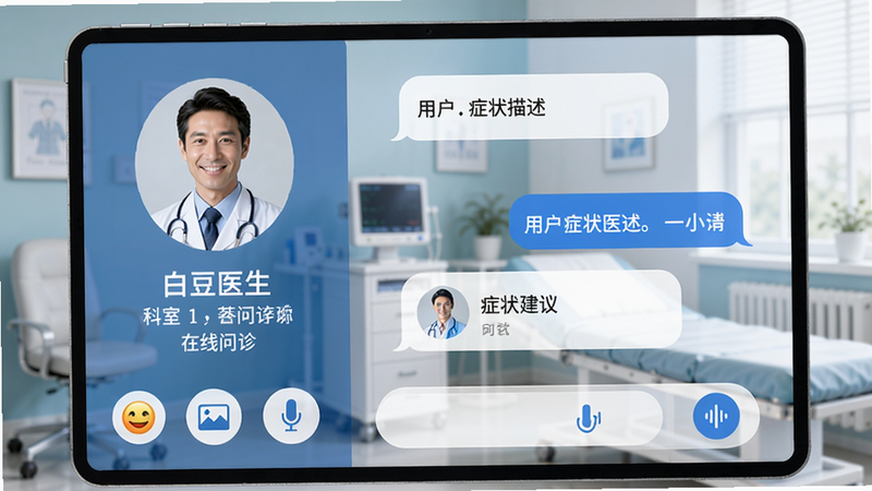 白豆医生在线问诊界面预览图,屏幕左侧显示医生头像、姓名、科室与职称,右侧为对话气泡,用户发送症状描述后医生回复建议,底部有表情、图片、语音输入按钮,整体风格清爽专业,背景模糊化处理医务室元素。