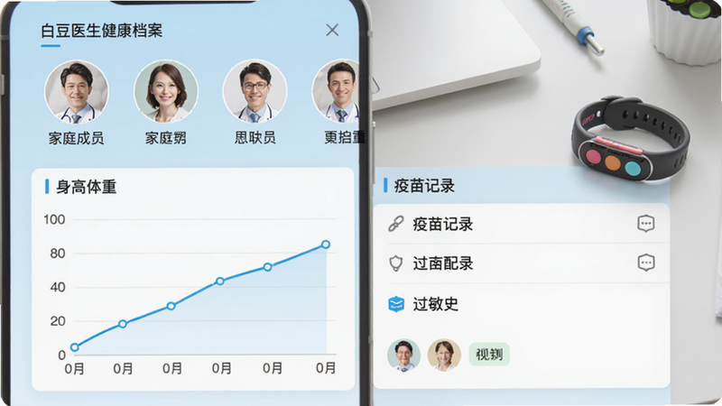 白豆医生健康档案界面截图,顶部显示家庭成员头像与姓名,下方有身高体重折线图、疫苗记录列表、过敏史标签,界面以浅蓝色为基调,数据可视化图表清晰易懂,背景为整洁的书桌与健康手环。