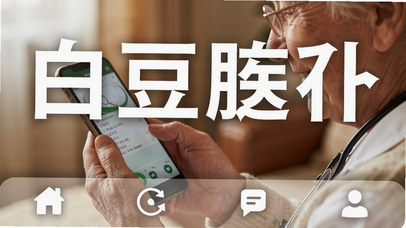 白豆医生大字模式界面效果图,字体明显放大,底部导航图标变大,背景为老人手持手机的特写,画面温馨,强调适老化设计。
