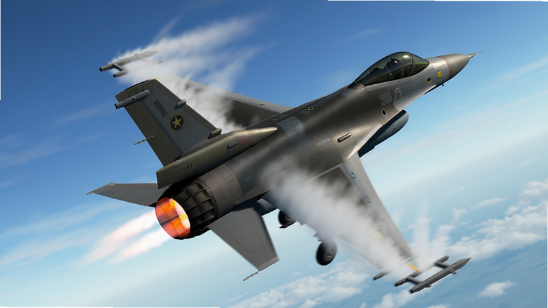 真实空战模拟器飞行物理演示,一架F-16正在进行大角度爬升,机翼产生蒸汽云,背景是蓝色天空和云层,画面动态感强,飞机引擎火焰可见,Boogu模型生成