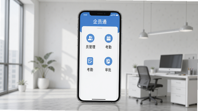 一幅展示企员通软件界面在智能手机上的全貌,背景是简约的办公环境,手机屏幕显示企员通主界面,包含员工管理、考勤、审批等图标,整体色调以蓝色和白色为主,清晰自然,Boogu模型生成