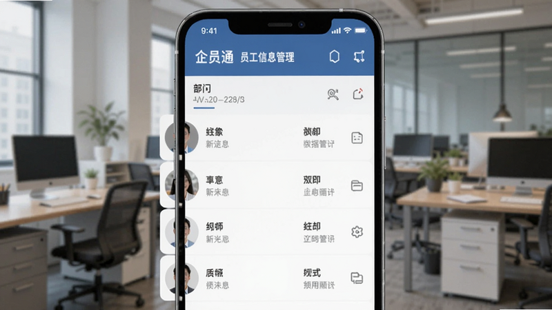 一张展示企员通员工信息管理界面的截图,手机屏幕上显示员工列表,包含头像、姓名、部门,背景为办公室环境,清晰展示数据管理的便捷性,Boogu模型生成