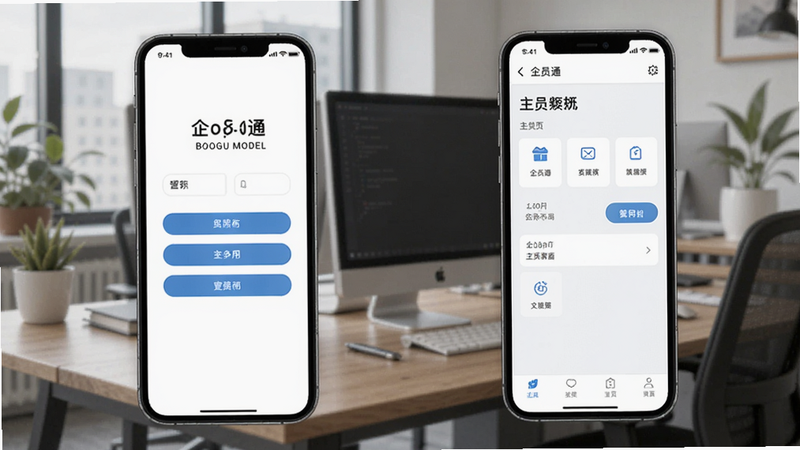 一张展示企员通登录界面和主界面的手机截图,左侧为登录页,右侧为主页,背景为办公场景,体现易用性,Boogu模型生成