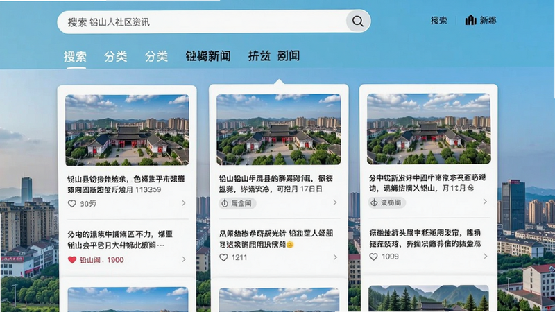 铅山人社区资讯页面截图,顶部是搜索框和分类标签,下方以卡片形式展示新闻标题和缩略图,背景为铅山县城市天际线,色调清新,信息层级分明。