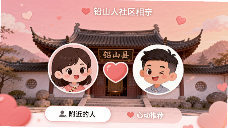 铅山人社区相亲页面,两个卡通人物头像中间有一颗爱心,下方有“附近的人”和“心动推荐”两个Tab,背景是铅山县鹅湖书院风景,粉色渐变色调,温馨浪漫。