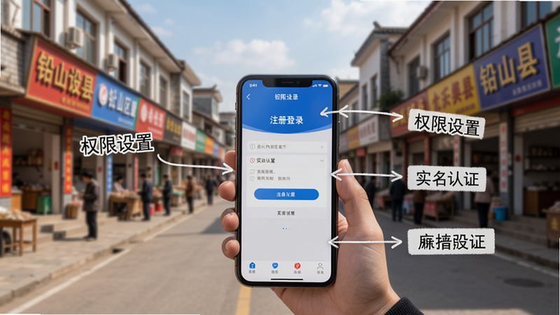 铅山人社区使用教程示意,一个用户手持手机,屏幕上显示APP的注册登录流程,旁边有文字注释“权限设置”、“实名认证”等步骤,背景是铅山县街道,写实风格。