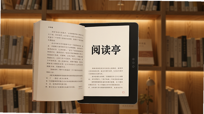 一个简洁舒适的阅读界面,中央摆放着一本打开的电子书,书名《阅读亭》醒目显示,背景是柔和的木质书架与暖色灯光,手机屏幕比例,整体风格温馨宁静,适配Boogu模型生成