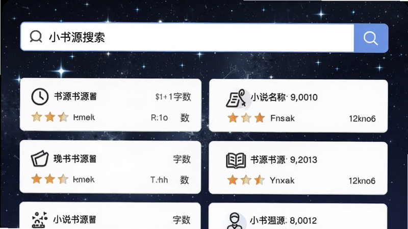 阅读亭的书源搜索界面,搜索框内输入小说名称,下方列出多个书源结果,每个结果带有评分与字数信息,背景是星空主题,画面清晰明亮