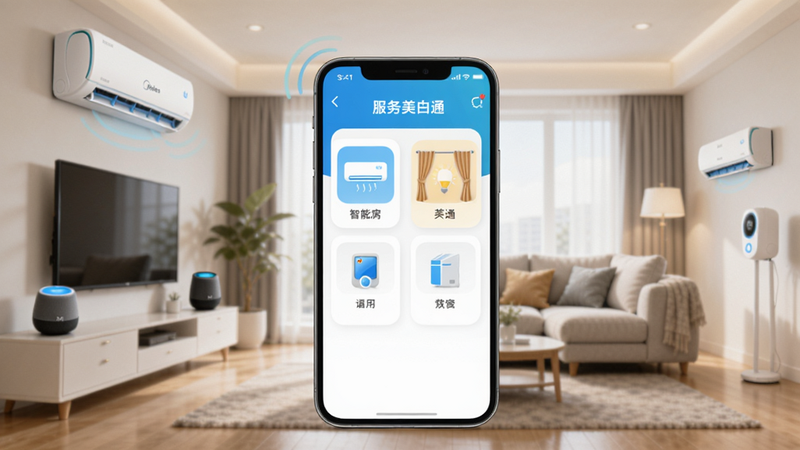 生成一幅展示服务美的通APP主界面与智能家居场景的插图,画面中央是一部智能手机,屏幕上显示服务美的通的设备控制面板,包括空调、灯光、窗帘等图标,背景是一个现代化的客厅,布置有美的空调、智能音箱等设备,整体色调柔和明亮,突出智能互联的主题,坐标主体为手机屏幕,背景为客厅区域。
