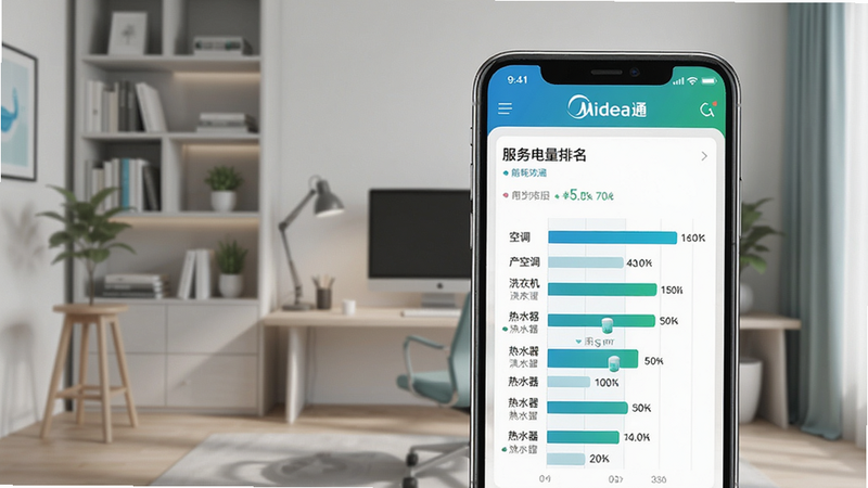 生成一幅能耗数据可视化图,手机屏幕显示服务美的通的能耗统计页面,柱状图展示空调、洗衣机、热水器等设备的用电量排名,背景为简约书房,数据清晰易懂,色调以蓝绿色为主。