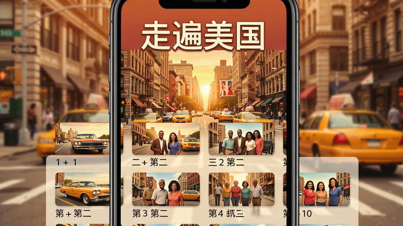 走遍美国主界面预览图,画面展示手机屏幕上的软件首页,顶部标题“走遍美国”,背景是纽约街景,下方列出第1-10集缩略图,整体色调温暖,突出学习氛围