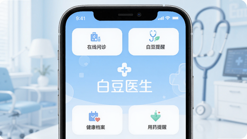 白豆医生的主界面展示,手机屏幕上显示在线问诊、健康档案、用药提醒等功能模块,背景为柔和医疗蓝白色调,画面中心突出“白豆医生”logo,整体风格清爽专业,适合Boogu模型生成。