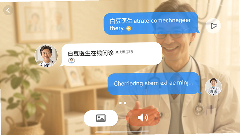 白豆医生在线问诊界面截图,医生头像和患者对话气泡清晰可见,屏幕下方有发送图片和语音按钮,背景模糊处理突出对话内容,整体色调温暖明亮。