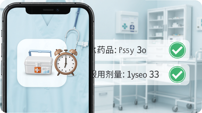 白豆医生用药提醒功能展示,手机屏幕上显示一个药盒图标和闹钟,旁边列出药品名称和服用剂量,背景为简约医疗风格,有绿色对勾表示已完成。
