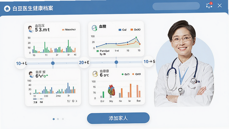 白豆医生健康档案页面,以时间轴形式展示多次就诊记录,包含血压、血糖等健康数据图表,界面采用卡片式设计,底部有“添加家人”按钮。