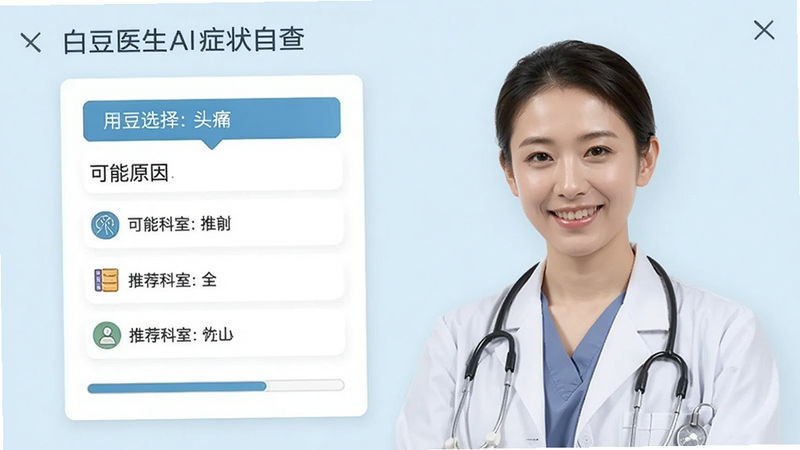 白豆医生AI症状自查界面,用户选择“头痛”症状后,系统列出可能原因和推荐科室,界面采用问答形式,有进度条引导,整体风格清晰易懂。