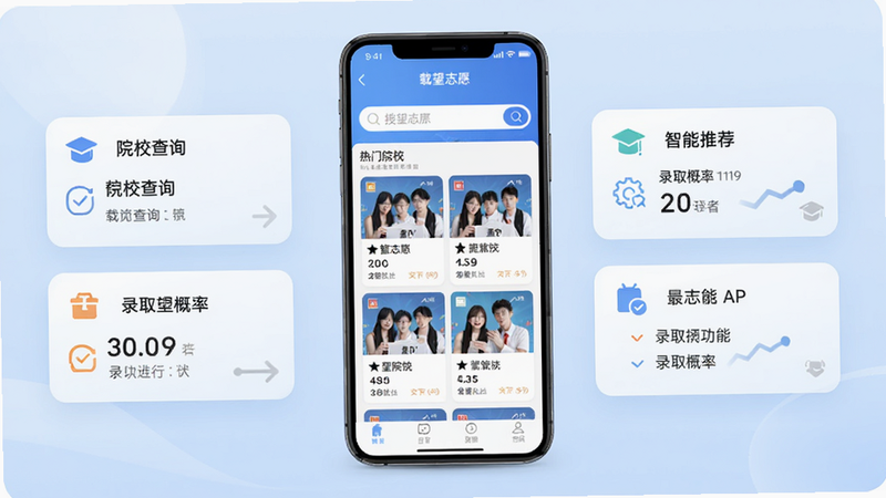 载望志愿APP主界面预览,展示院校查询、智能推荐、录取概率等功能模块,背景为淡蓝色渐变,画面中央是一部手机屏幕截图,显示载望志愿首页,有搜索框和热门院校卡片,整体风格清新简洁,适合教育类应用展示
