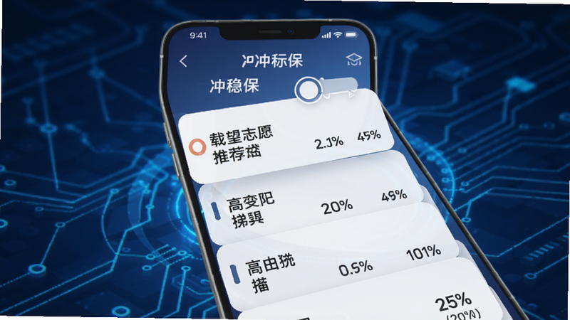 载望志愿智能推荐功能示意图,手机界面展示“冲稳保”三个梯度选项,每个选项下有几个院校名称和录取概率百分比,背景蓝色科技感光效,界面简洁清晰