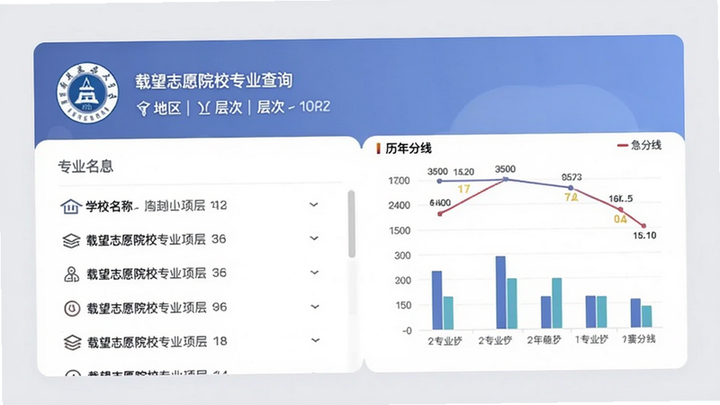 载望志愿院校专业查询页面,展示一所大学详细信息卡片,包含学校名称、地区、层次,以及专业列表和历年分数线图表,背景淡灰色,手机界面风格