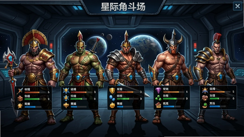 角色选择界面,展示一排不同种族和造型的角斗士,每个角色都有炫酷的立绘和属性面板,背景是星际战舰内部。软件名称:星际角斗场