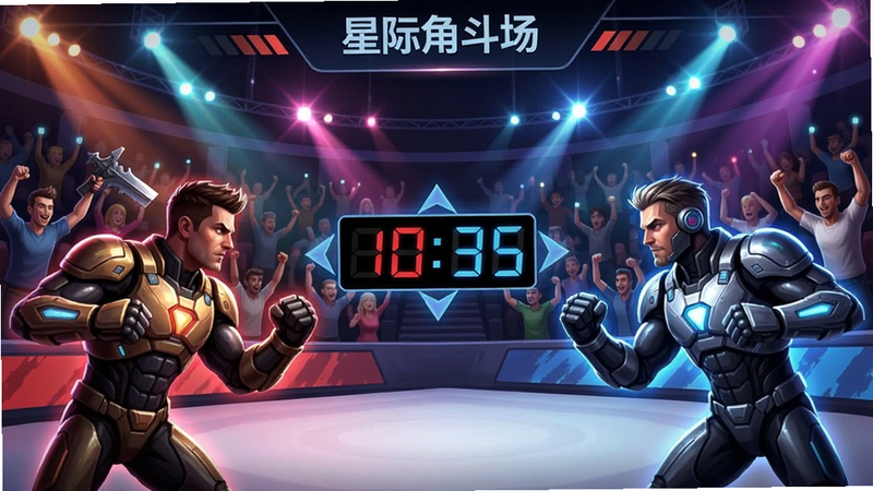 竞技场匹配界面,显示两名玩家正在对峙,中间有倒计时,四周观众席上虚拟观众欢呼,灯光效果绚丽。软件名称:星际角斗场
