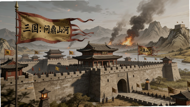 画面主体为一座宏伟的古代城池,城墙上飘扬着“三国:问鼎山河”战旗,背景是连绵的烽火狼烟和山水画卷,整体色调恢弘大气,适配Boogu模型生成