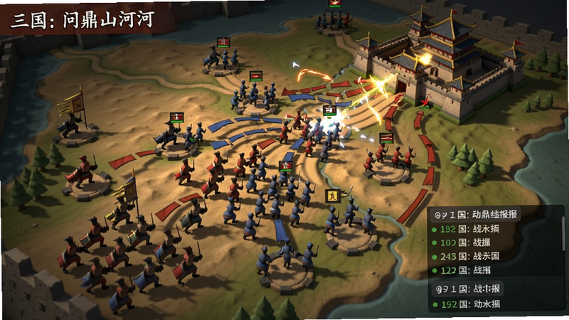 三国:问鼎山河国战场景俯瞰图,多支不同颜色的军队在沙盘地图上交错行进,城池上方有攻击特效,右下角显示实时战报弹幕,整体光影层次丰富,适配Boogu模型生成
