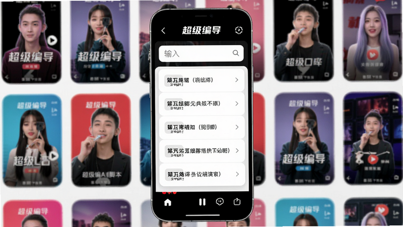 超级编导AI脚本生成功能演示,手机屏幕上显示输入框和生成的多段脚本列表,背景有各种短视频封面缩略图,整体风格明亮清爽,突出“超级编导”品牌名