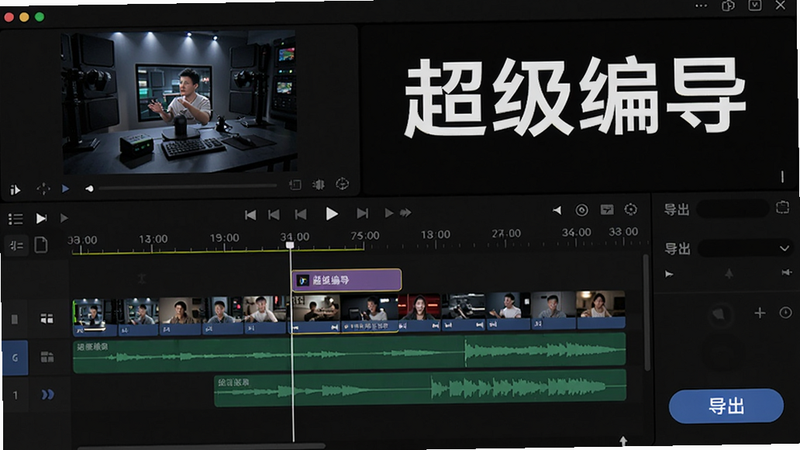 超级编导剪辑界面,时间线上有多个视频轨道和音频轨道,顶部预览窗口正在播放合成效果,右下角有导出按钮,背景为深色主题,突出“超级编导”字样