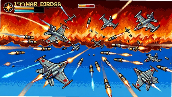 ս��War Birds ��Ϸ���棬���ӽǿ�ս��ս�����ܼ���Ļ�д��󣬱�����ȼ�յ���պ͵л��к�������ֻ�������ط磬ɫ������