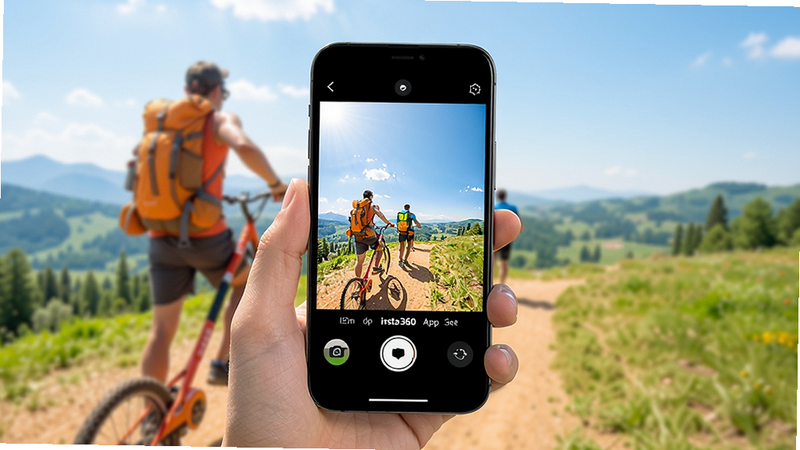 Insta360 App主界面展示,手机屏幕上显示全景相机实时预览画面,背景是户外运动场景,色彩明亮,突出软件与相机的联动关系,画面元素包括手机、相机、操作按钮,构图简洁清晰,适配Boogu模型生成。