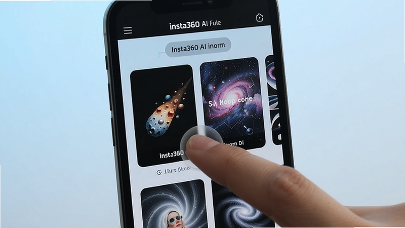 Insta360 AI剪辑模板选择界面,手机屏幕展示多个特效模板缩略图,如小行星、星空穿梭等,背景为淡蓝色渐变,突出模板丰富性和智能化,画面中手指正在点击一个模板,提示词:Insta360 AI模板选择界面。