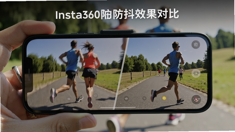 Insta360防抖功能演示,手机屏幕显示一段运动拍摄的对比画面,左边抖动模糊,右边平稳清晰,背景为户外跑步场景,强调防抖效果,提示词:Insta360防抖效果对比。