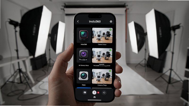 Insta360多设备连接界面,手机屏幕上列出多台相机图标,显示实时画面预览,背景为工作室环境,突出多设备协同,提示词:Insta360多相机连接控制界面。