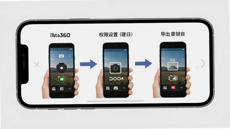 Insta360使用指南示意图,手机横屏显示操作步骤,包含配对、权限设置、导出等关键节点,箭头标注,背景为浅灰色,画面简洁易懂。