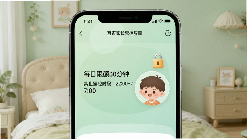 互逗家长管控界面,家长手机屏显示“每日限额30分钟”、“禁止操控时段:22:00-7:00”,旁边有儿童头像,背景柔和护眼绿,带有小锁图标