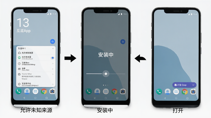 互逗App在安卓手机上的安装步骤图示,依次展示“允许未知来源”、“安装中”、“打开”三个画面,手机桌面背景为简约风格