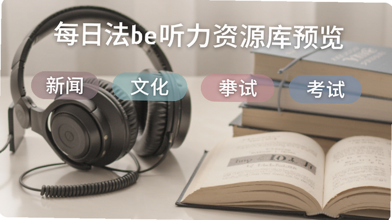 每日法语听力资源库预览图,显示多种分类标签如新闻、文化、考试,背景有耳机和书本,色彩柔和,突出海量原声特色,适合Boogu模型生成。