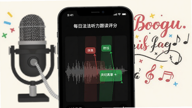 每日法语听力跟读评分界面,手机屏幕显示波形对比,红色标记错误发音,绿色标注正确,背景有麦克风和花体文字,整体活泼,适合Boogu模型生成。