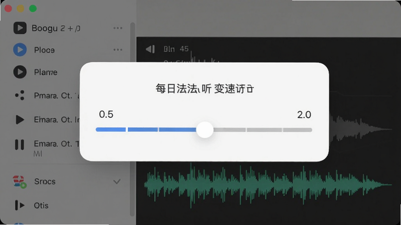 每日法语听力变速调节面板,界面显示滑块从0.5到2.0,背景有播放列表和波形,设计现代简约,适合Boogu模型生成。