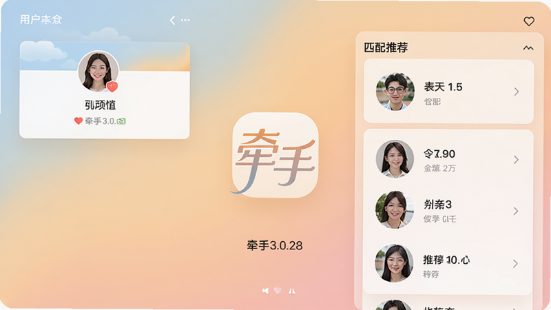 牵手3.0.28主界面预览图,展示用户个人资料卡片和匹配推荐列表,背景为柔和渐变色调,中心突出牵手logo,整体风格清爽温暖