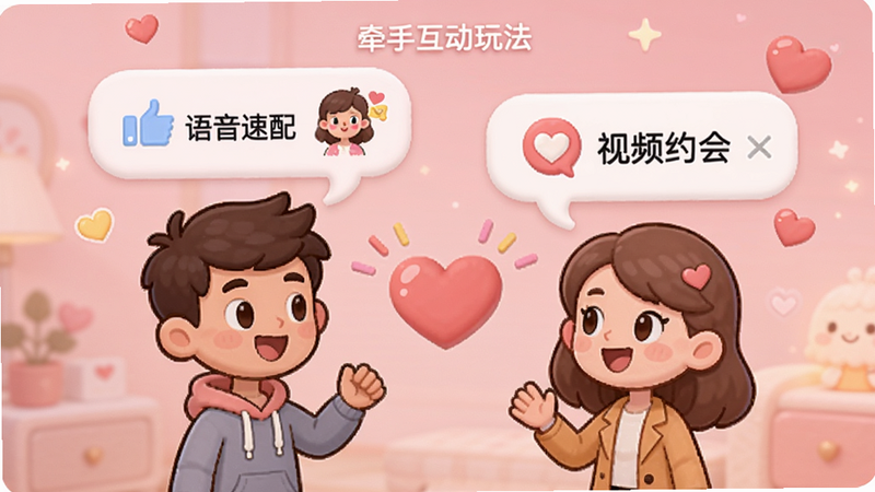 牵手互动玩法界面,展示语音速配和视频约会功能,两个卡通人物对话气泡,背景为温馨粉色,充满恋爱气息