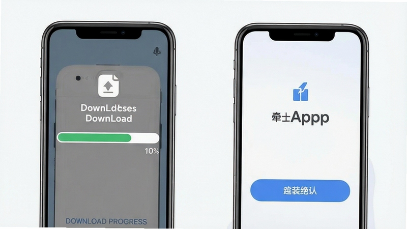 牵手App安装步骤图解,手机屏幕显示下载进度条和安装确认按钮,背景简洁
