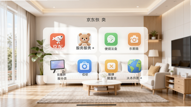 京东服务APP主界面截图,中央显示服务分类图标,背景为现代家居环境,明亮色调,突出便捷生活服务